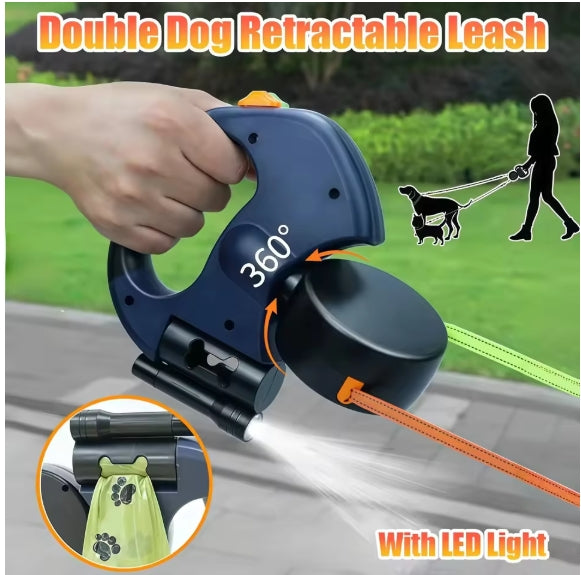 Premium Retractable Double Dog Leash with Light